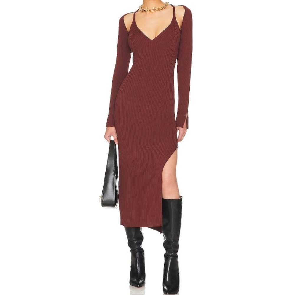 ASTR The Label Brown Abella Arm Warmers Midi Dress